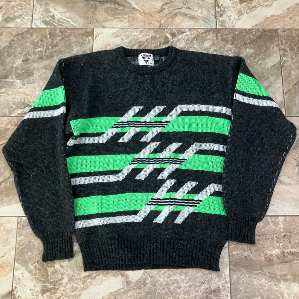 Vintage Tyrolia By Head sweater grey and green striped 80s collectible sweater